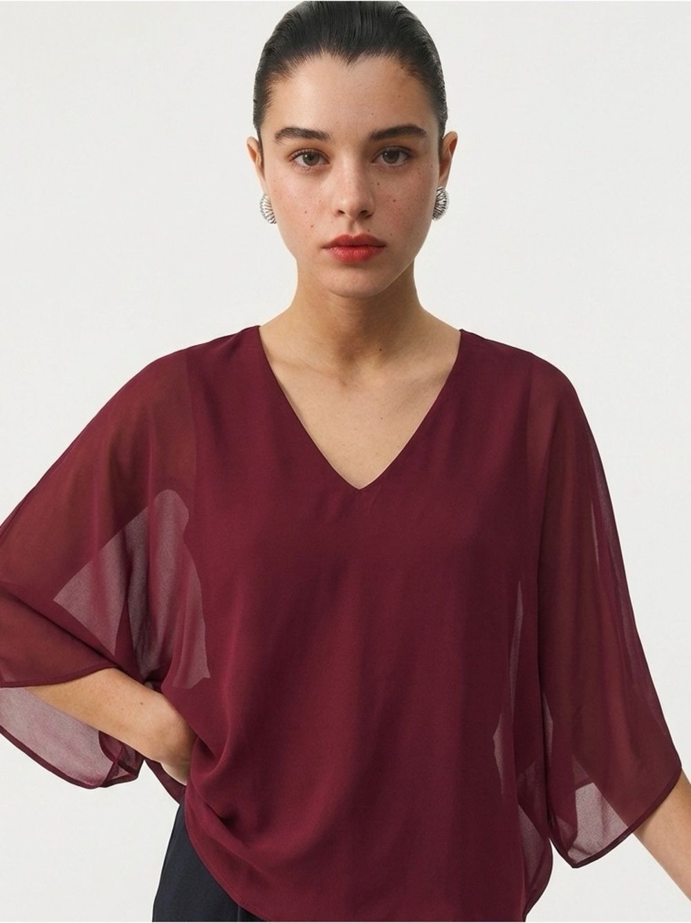 ADRIENNE | NWT Burgundy Sheer Oversized Top Large